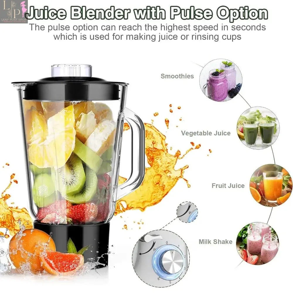 Lamp Post 6-in-1 electric kitchen mixer with 6.5qt bowl, glass jar, and meat grinder attachment for versatile blending and food prep.