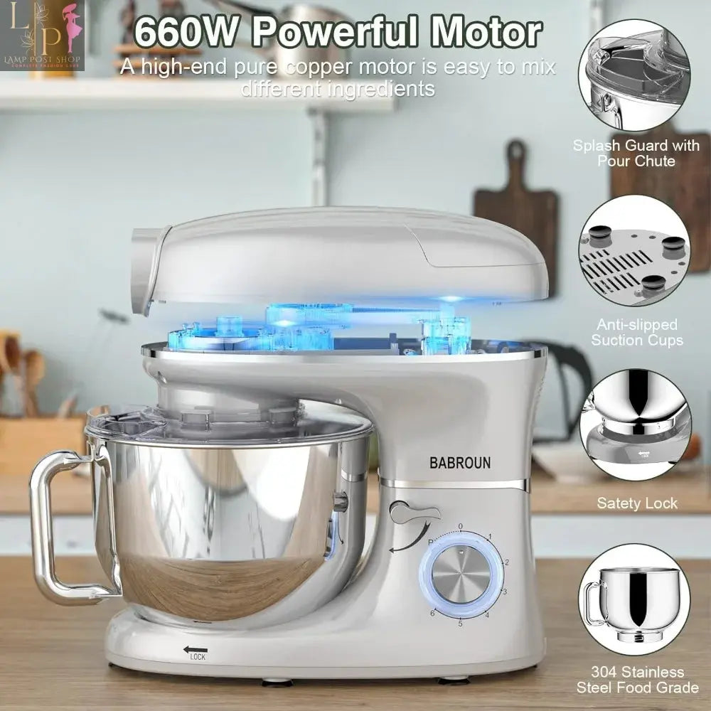 Lamp Post 6-in-1 electric kitchen mixer with 6.5QT bowl, glass jar, and meat grinder attachment for versatile blending and food prep.