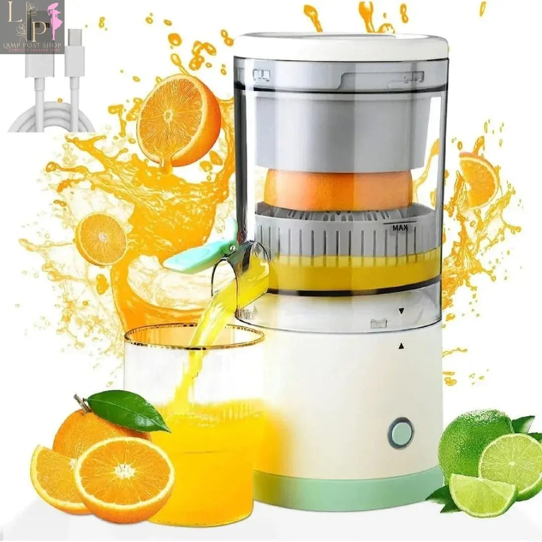 White portable electric citrus juicer blender by Lamp Post, with USB charging and lemon squeezer functionality.