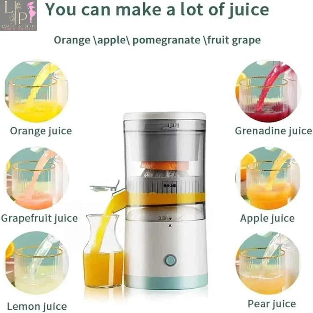 White portable electric citrus juicer blender by Lamp Post, featuring USB charging, compact design, and lemon squeezer functionality.