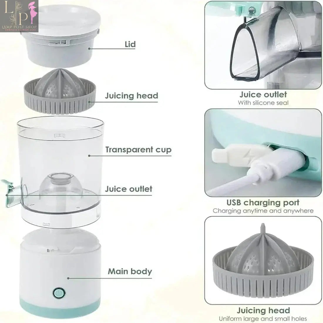 White portable electric citrus juicer blender by Lamp Post with USB charging, featuring a compact design and lemon squeezer attachment