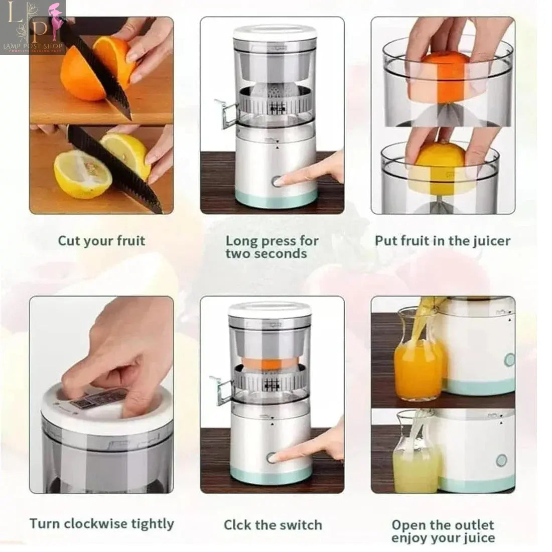 White portable electric citrus juicer blender by Lamp Post with USB charging, compact lemon squeezer for fresh juice.