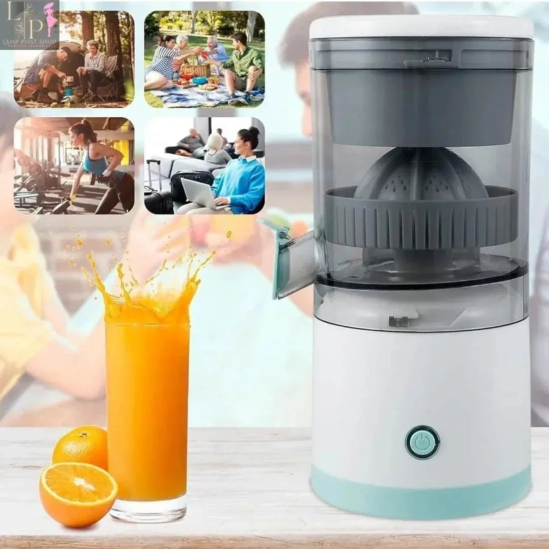 White portable electric citrus juicer blender by Lamp Post with USB charging, featuring a compact design and lemon squeezer attachment.