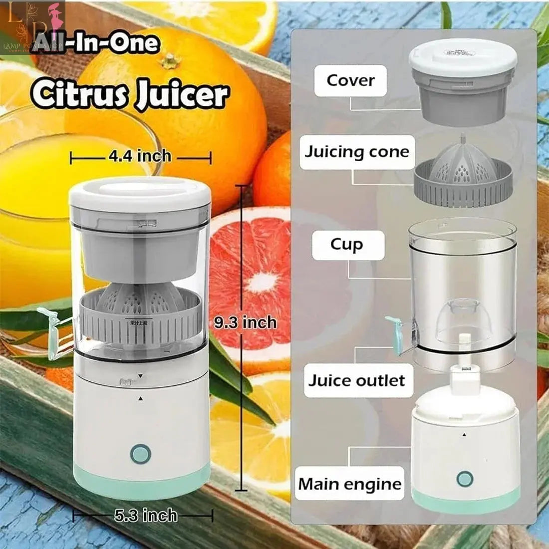 White portable electric citrus juicer blender by Lamp Post, featuring USB charging and compact design for fresh lemon juice.