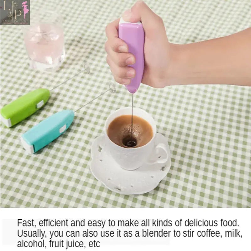 White Lamp Post mini electric coffee blender and handheld egg whisk mixer for drinks and milk, compact and portable kitchen appliance.