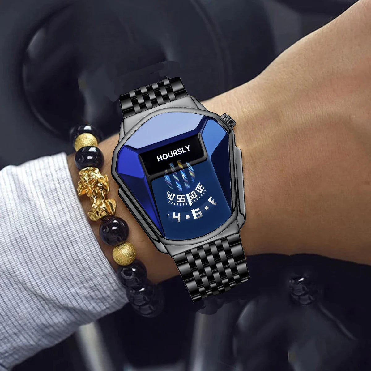 Men's blue motorcycle-themed waterproof quartz watch by Lamp Post, featuring a trendy and bold personality design.
