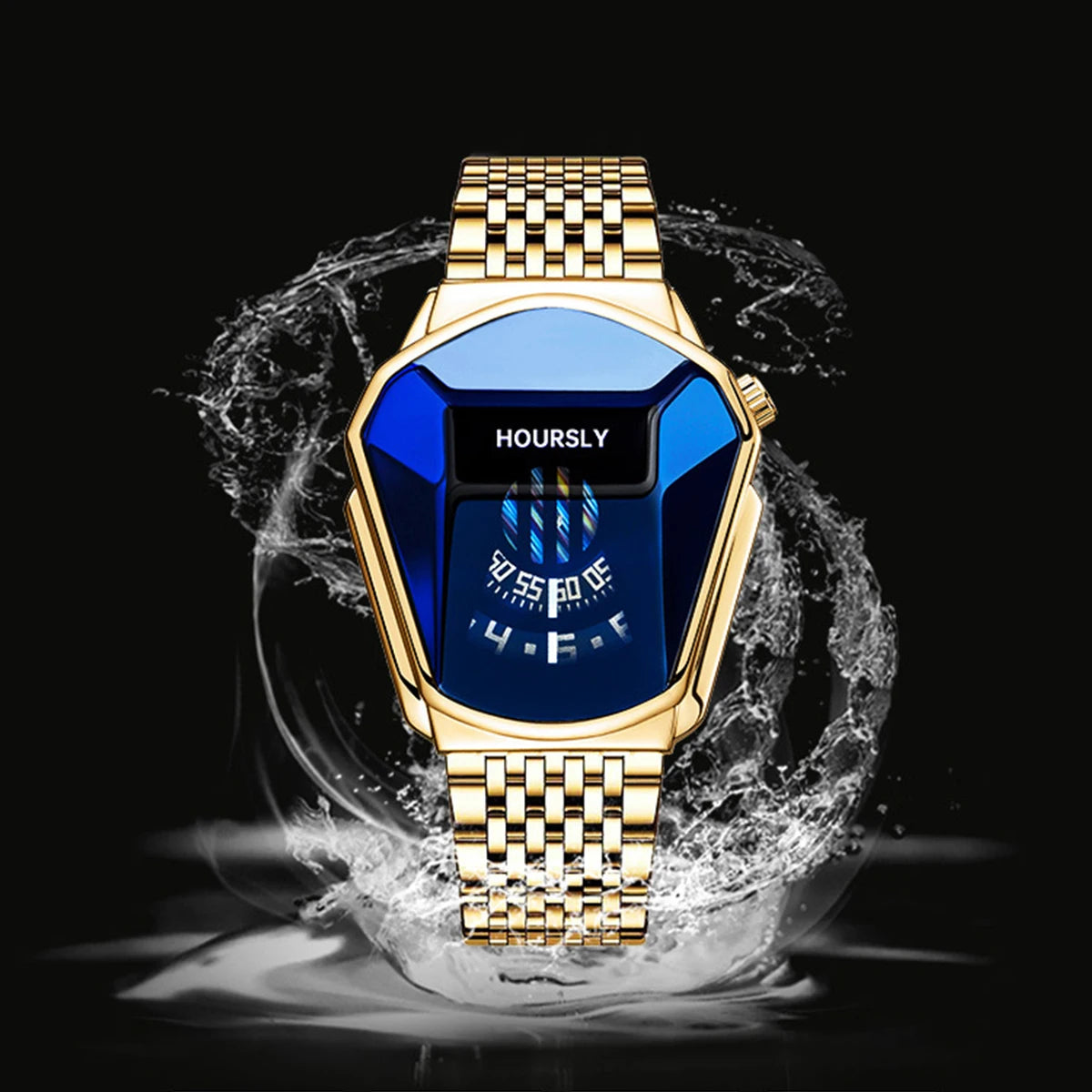Men's Lamp Post motorcycle-style waterproof quartz watch with blue dial and bold personality design.