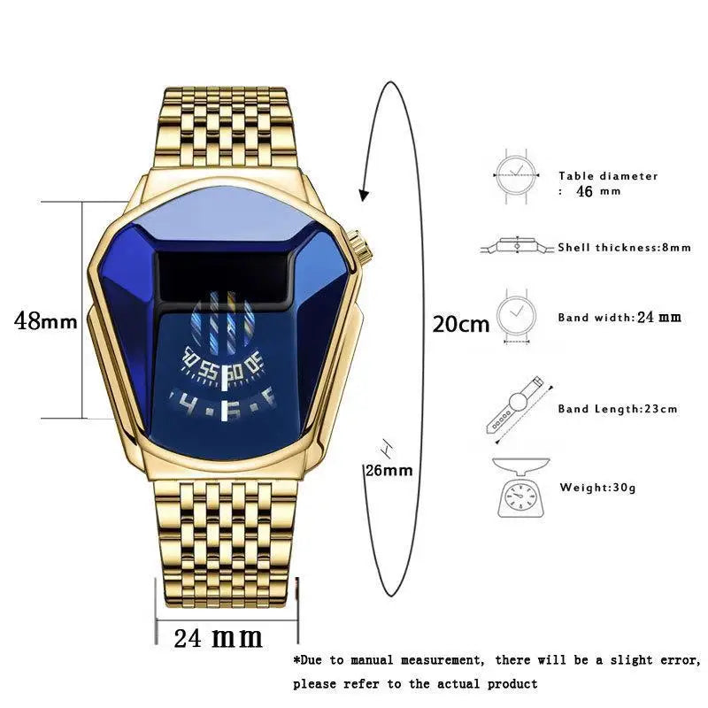Blue men's motorcycle-inspired waterproof quartz watch by Lamp Post, featuring a bold personality design and reliable timekeeping.