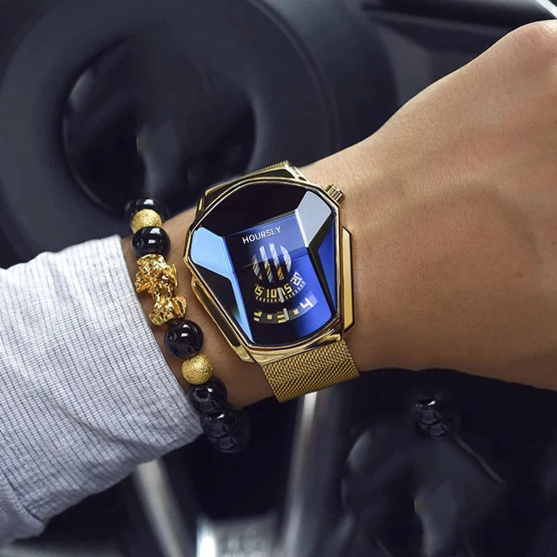 Men's Waterproof Quartz Motorcycle Watch by Lamp Post featuring a blue dial and stylish, modern design.