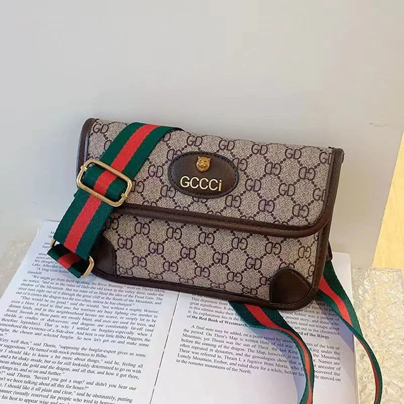 Lamp Post brown quilted shoulder bag with geometric print, metal logo, flap closure, adjustable strap, and crossbody style.