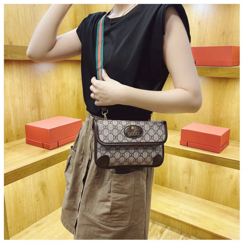 Lamp Post brown geometric print quilted shoulder bag with metal logo, adjustable strap, flap closure, and magnetic snap.
