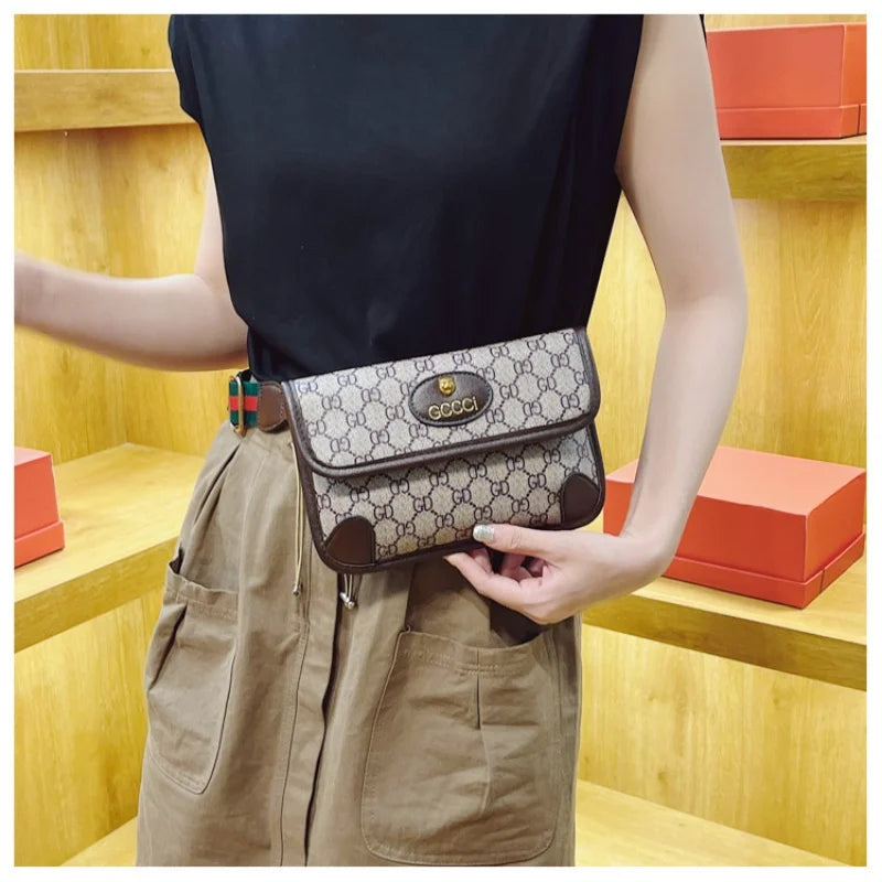 Brown Lamp Post quilted shoulder bag with geometric print, metal logo, flap closure, adjustable strap, and lightweight design.