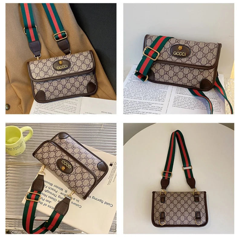 Lamp Post brown geometric print quilted shoulder bag with metal logo, adjustable strap, flap closure, perfect for stylish crossbody use.