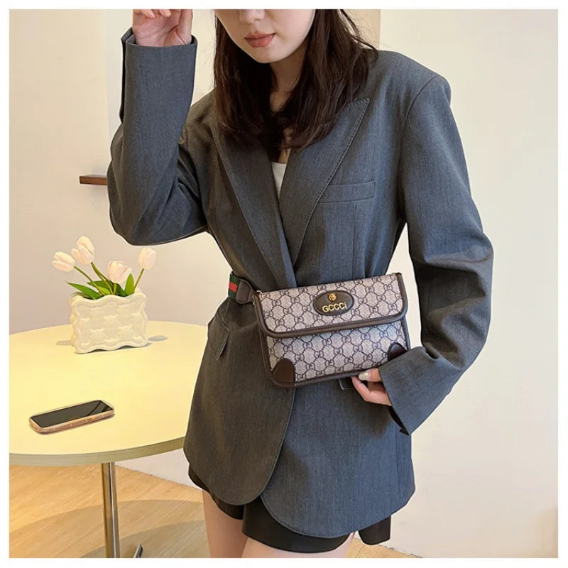 Lamp Post brown quilted shoulder bag with geometric print, metal logo, adjustable strap, flap closure, and magnetic snap.