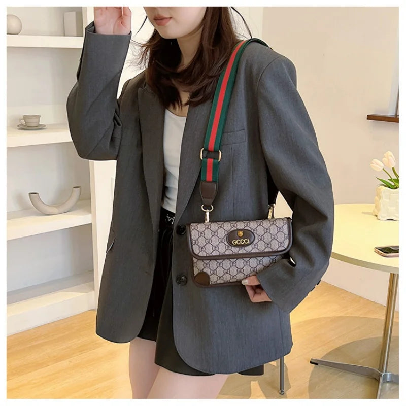 Lamp Post geometric print quilted shoulder bag with metal logo, adjustable strap, flap closure, lightweight PU material, crossbody style.