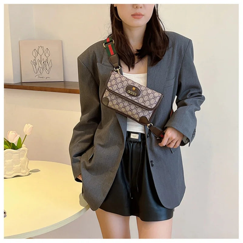 Lamp Post brown geometric print quilted shoulder bag with metal logo, lightweight PU material, flap closure, magnetic snap, and adjustable strap.