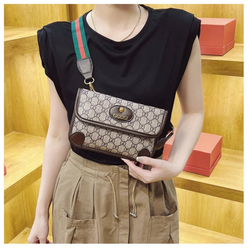 Lamp Post brown quilted shoulder bag with geometric print, metal logo, adjustable strap, flap closure, and magnetic snap.