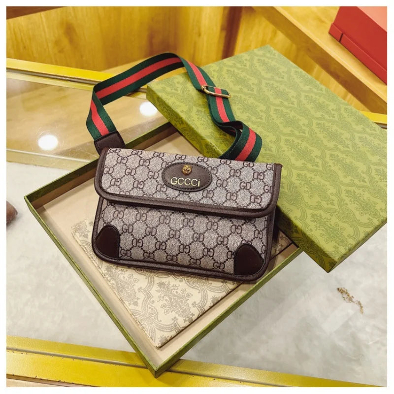 Lamp Post brown geometric print quilted shoulder bag with metal logo, flap closure, magnetic snap, and adjustable crossbody strap.