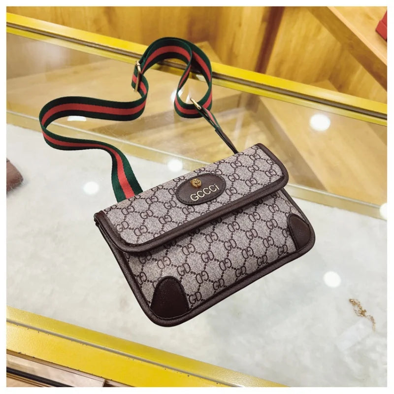 Lamp Post brown quilted shoulder bag with geometric print, metal logo, flap closure, and adjustable crossbody strap.