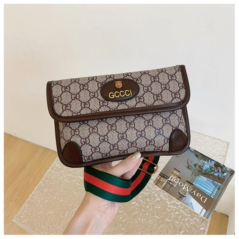 Lamp Post brown geometric print quilted shoulder bag with metal logo, lightweight PU material, flap closure, magnetic snap, and adjustable strap.