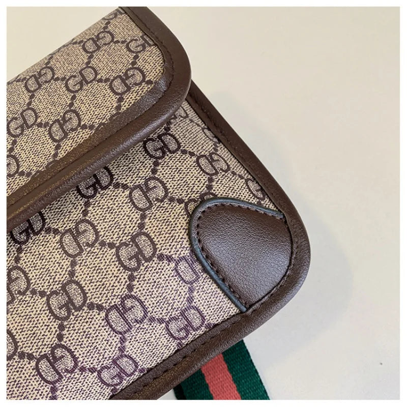 Lamp Post brown geometric print quilted shoulder bag with metal logo, adjustable strap, flap closure, and lightweight PU material.