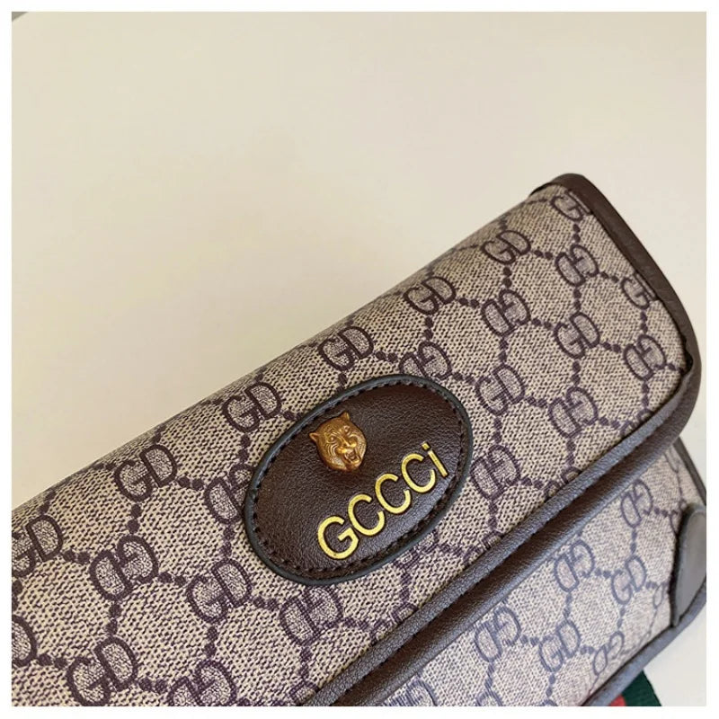 Lamp Post brown geometric print quilted shoulder bag with metal logo, adjustable strap, flap closure, and magnetic snap for crossbody style.