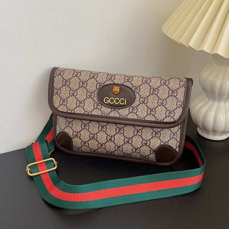 Lamp Post brown quilted geometric print shoulder bag with metal logo, lightweight PU material, flap closure, and adjustable crossbody strap.