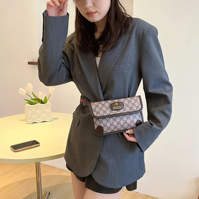 Lamp Post brown quilted geometric print shoulder bag with metal logo, adjustable strap, flap closure, and magnetic snap.