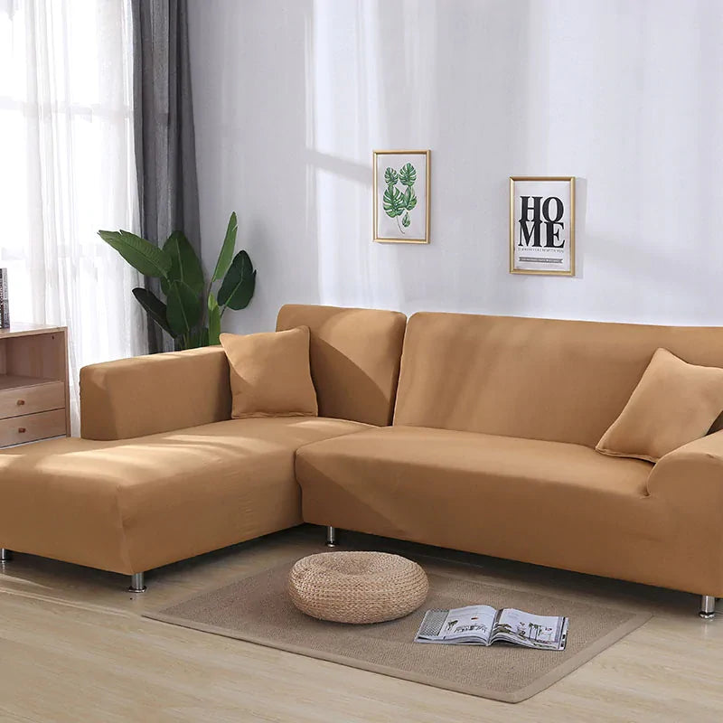 Camel-colored Lamp Post Tight Wrap Elastic Sofa Cover on a one-seat sofa, fits 90-140cm, snugly protecting the furniture.