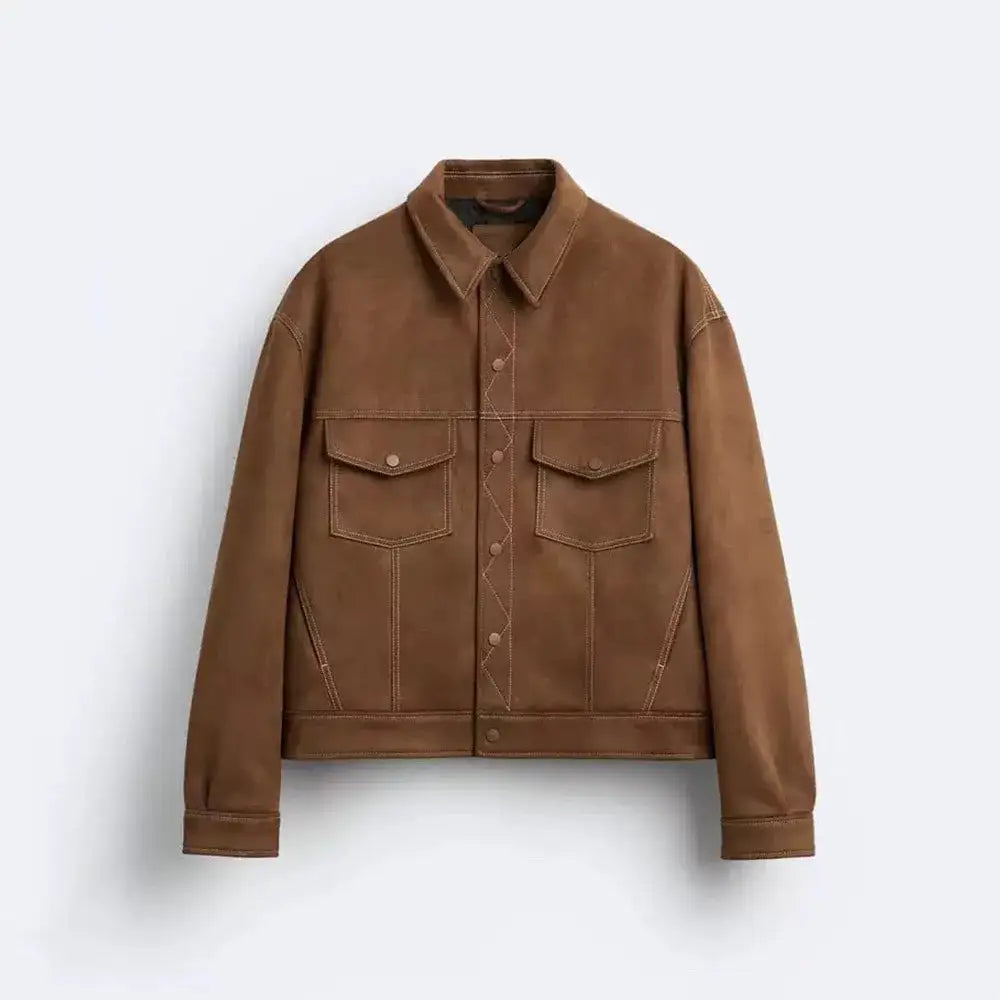 Camel Lamp Post men's turndown jacket with collar, front zipper, and pockets, shown on a model.