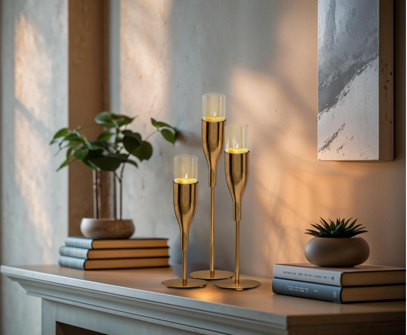 Set of 3 Lamp Post metal and glass candle holders in varying heights, elegant centerpieces for home, wedding, or office décor