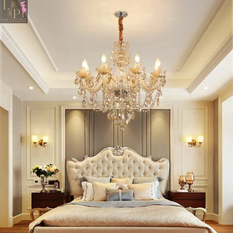 Large crystal chandelier by Lamp Post with six E14 sockets, champagne-colored crystal, designed for high ceilings, no bulbs included.