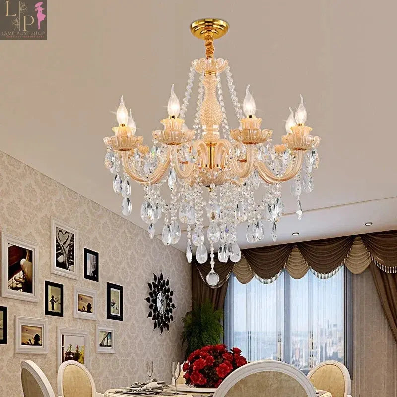 Large crystal chandelier for high ceilings by Lamp Post with six crystal heads, champagne finish, no bulbs included.