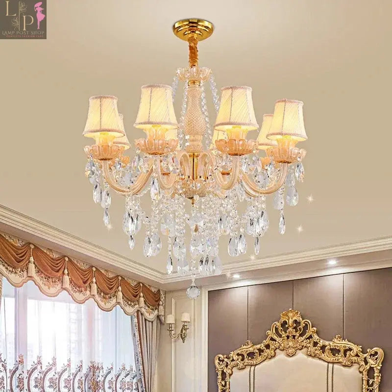 Large crystal chandelier by Lamp Post with six E14 sockets, champagne-colored crystals, ideal for high ceilings.