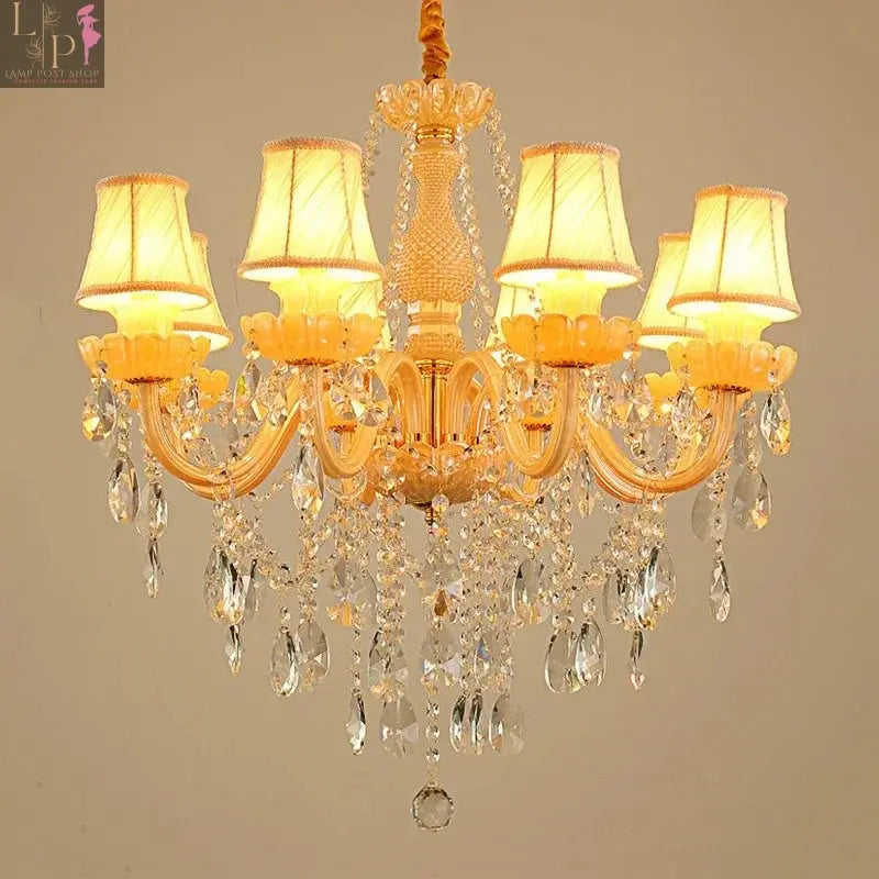 Large Lamp Post crystal chandelier with six E14 sockets, elegant champagne-colored crystals, designed for high ceilings.