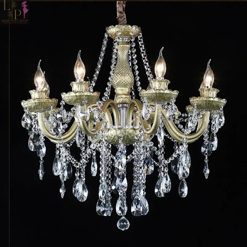 Large Lamp Post crystal chandelier with six E14 sockets, champagne finish, designed for high ceilings, featuring elegant hanging crystals.