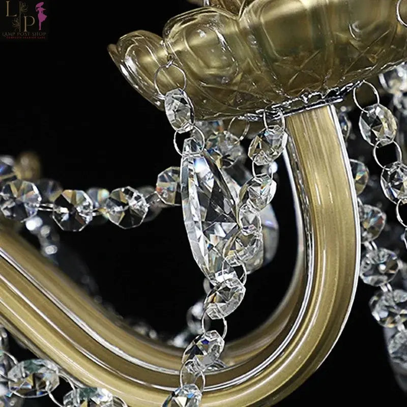 Large crystal chandelier by Lamp Post with six E14 sockets, champagne finish, designed for high ceilings, featuring multiple hanging crystals.