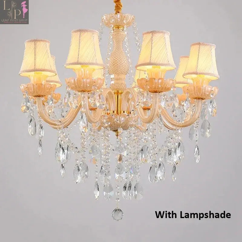 Large crystal chandelier by Lamp Post with six E14 sockets, champagne finish, designed for high ceilings, featuring elegant crystal accents.