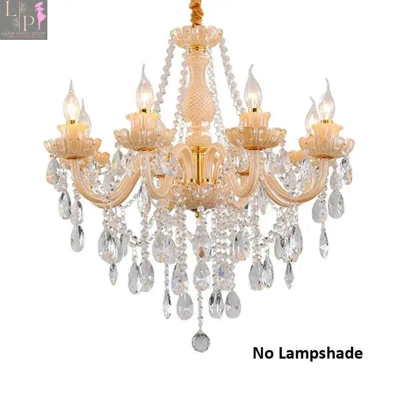 Large crystal chandelier by Lamp Post with six E14 sockets, champagne-colored crystals, ideal for high ceilings, no bulbs included.