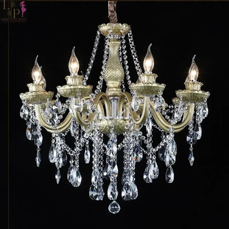 Large Lamp Post crystal chandelier with six E14 sockets, designed for high ceilings, featuring champagne-colored crystal accents.