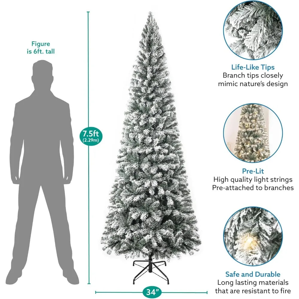 Lamp Post 7.5ft frosted prelit slim artificial Christmas tree with 1102 branch tips, 350 warm lights, metal stand, 34-inch wide.