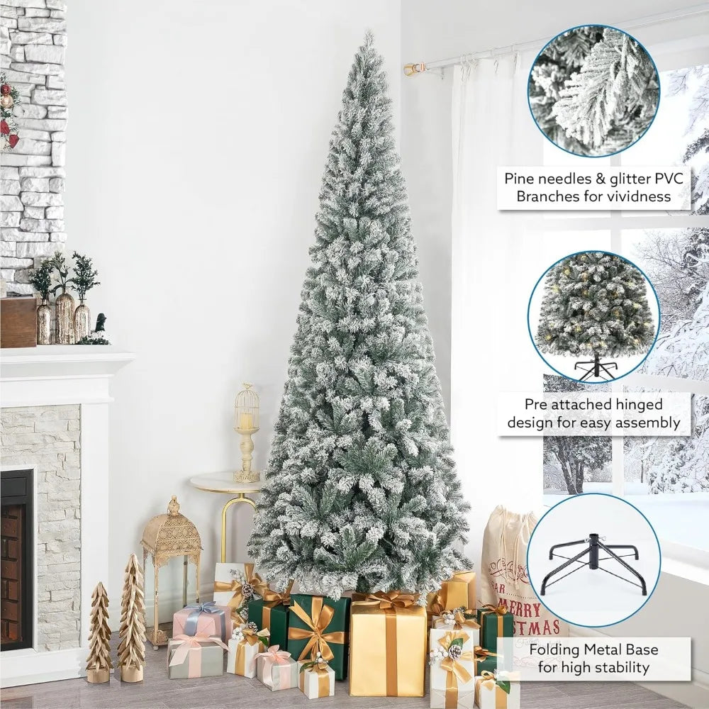 7.5ft Frosted Prelit Slim Artificial Christmas Tree by Lamp Post with 1102 branch tips, 350 warm lights, metal stand, 34-inch wide.