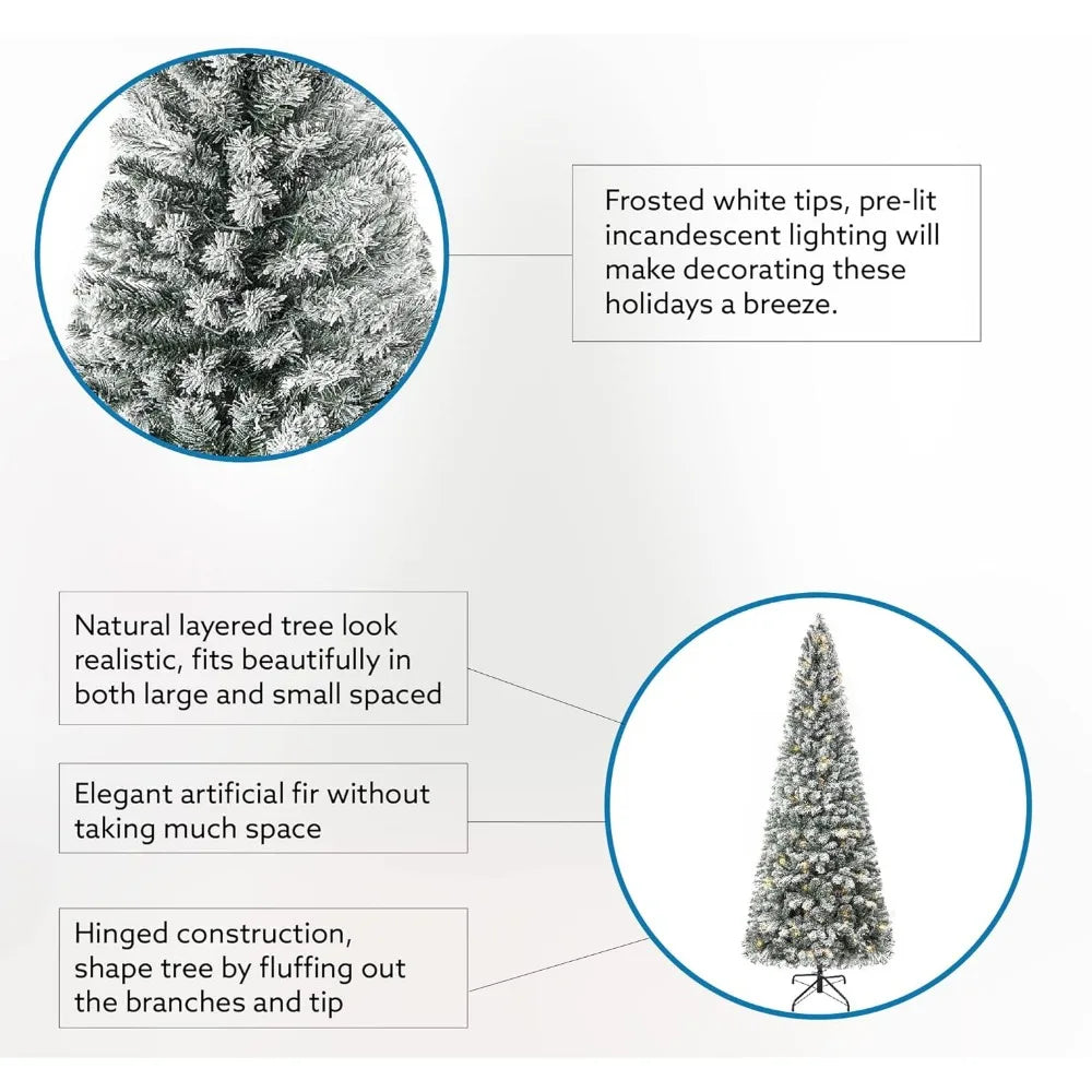 Lamp Post 7.5ft frosted prelit slim artificial Christmas tree with 1102 branch tips, 350 warm lights, metal stand, 34-inch wide.
