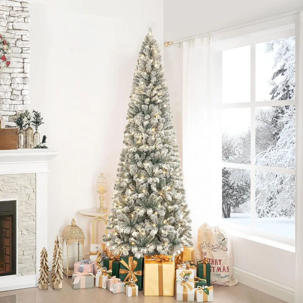 Lamp Post 7.5ft frosted prelit slim artificial Christmas tree with 1102 branch tips, 350 warm lights, metal stand, 34-inch wide.