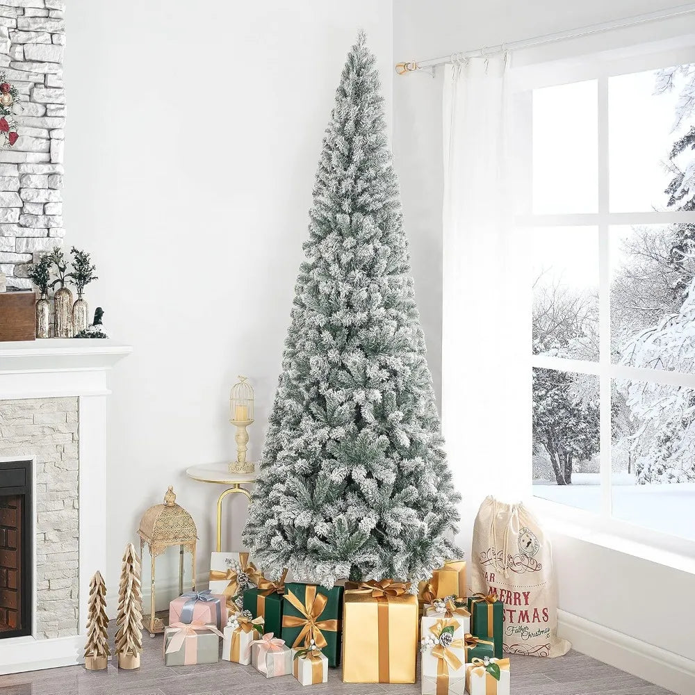Lamp Post 7.5ft frosted prelit slim artificial Christmas tree with 1102 branch tips, 350 warm lights, metal stand, 34-inch wide.