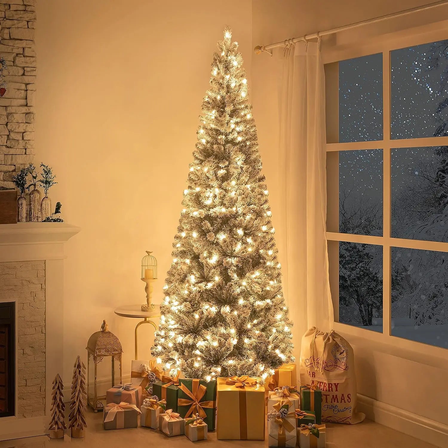 7.5ft Frosted Slim Artificial Christmas Tree by Lamp Post with 1102 tips, 350 warm lights, metal stand, 34-inch wide holiday decor