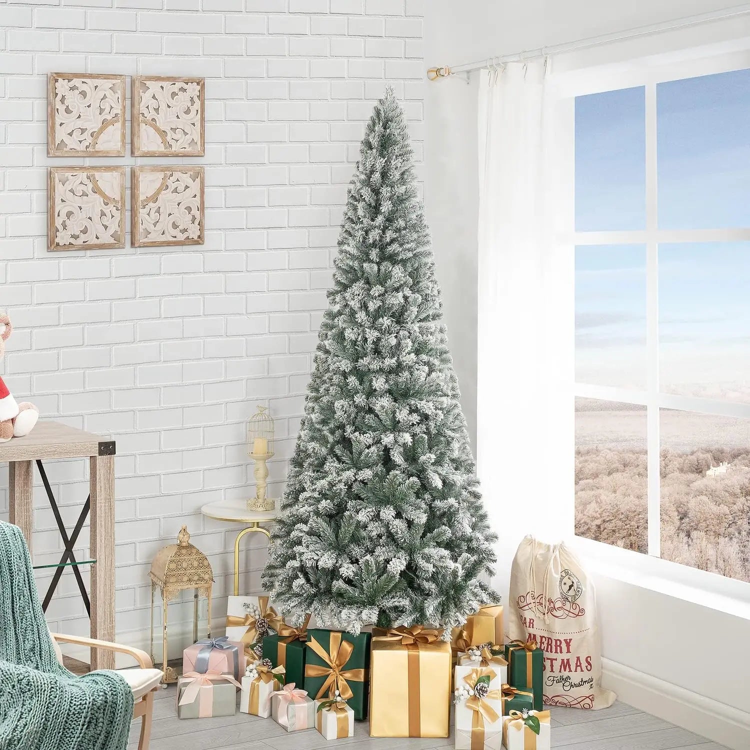 Lamp Post 7.5ft frosted prelit slim artificial Christmas tree with 1102 branch tips, 350 warm lights, metal stand, 34 inches wide.