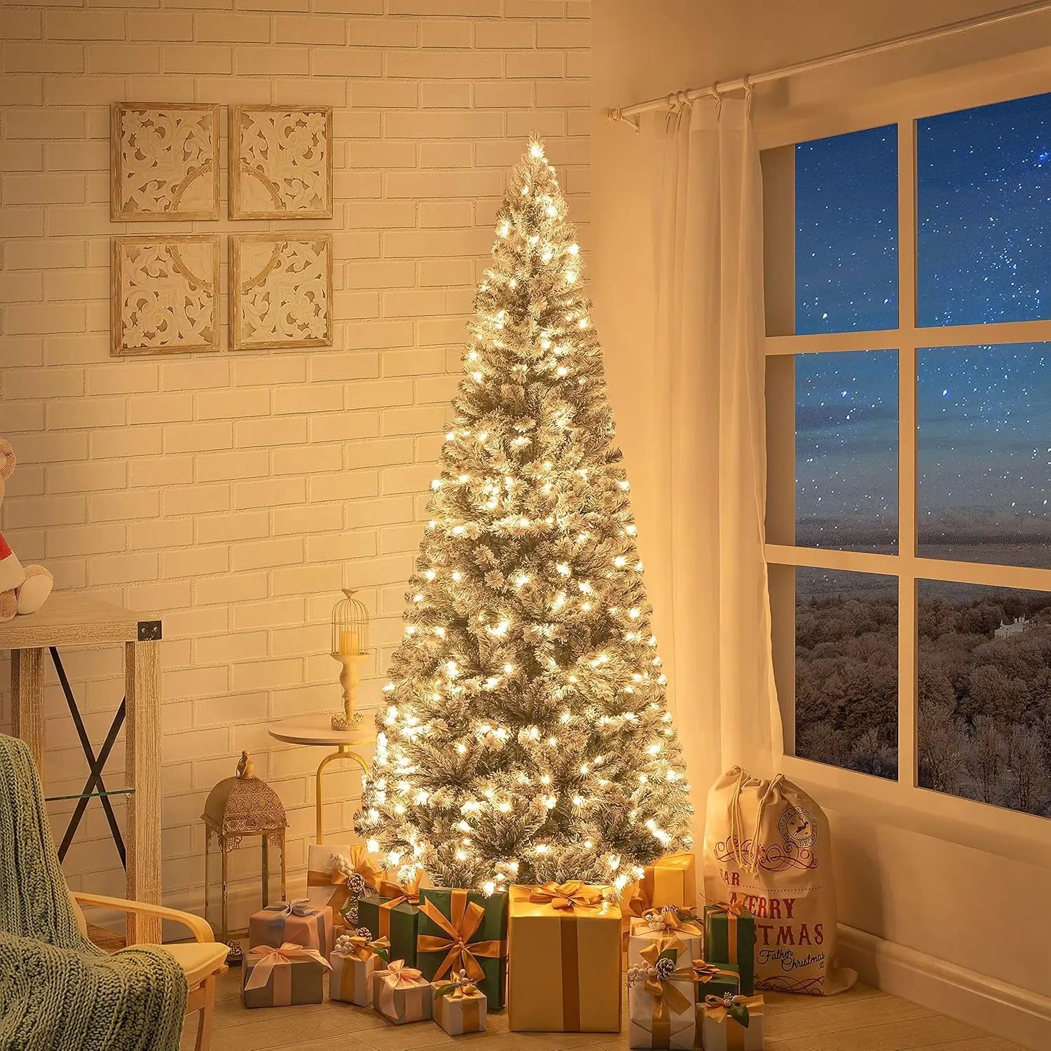 Lamp Post 7.5ft frosted prelit slim artificial Christmas tree with 1102 branch tips, 350 warm lights, metal stand, 34-inch wide.