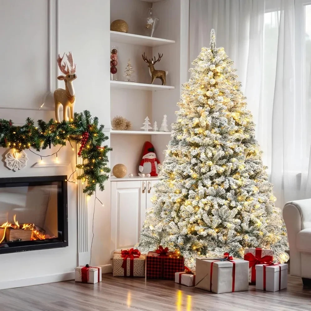 White 7.5 ft Christmas tree with 800 branches and 8 light modes, perfect for holiday party decorations.