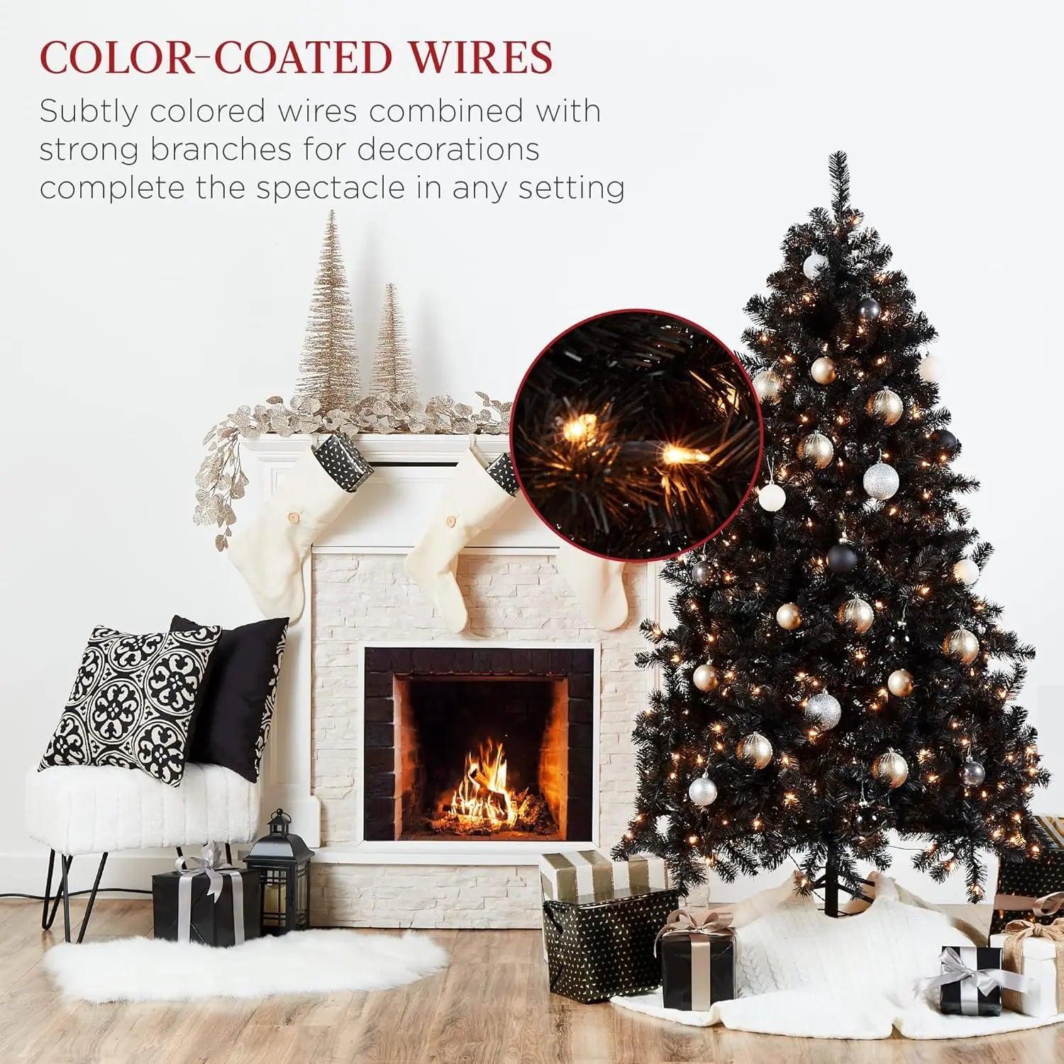 6ft pre-lit black artificial Christmas tree with 947 branch tips, ideal for home, office, or holiday party decor.